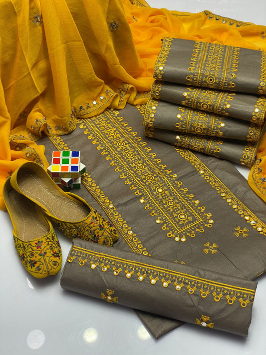 4pc Embroidered Dress Yellow/Grey (Khussa Gift)