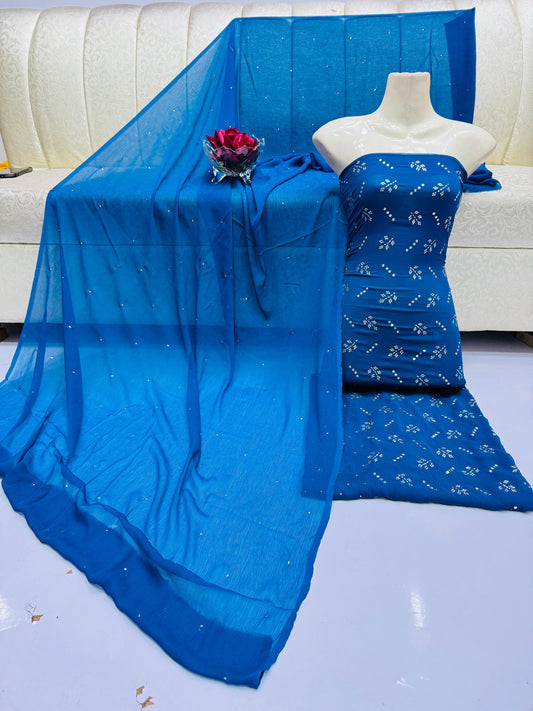 2pc Chiffon Mukesh Work(Shirt& Dupatta) Blue