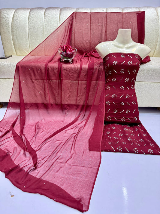 2pc Chiffon Mukesh Work(Shirt& Dupatta) Red